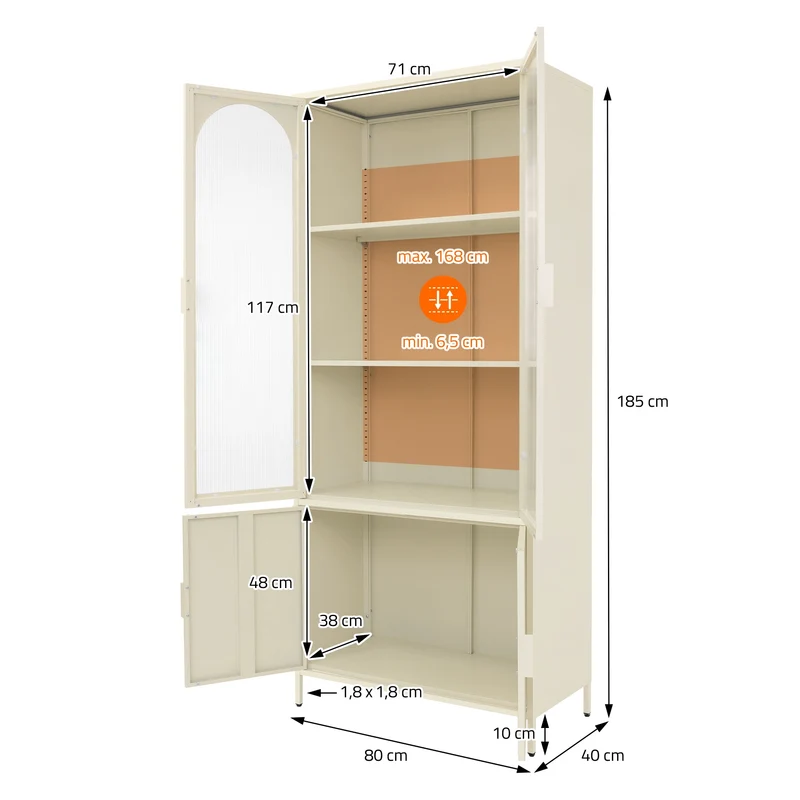 Vitrinenschrank 80x185x40 cm Creme mit 4 Ablage-/Regalfächer & 4 Türen Vitrine aus Stahl ML-Design