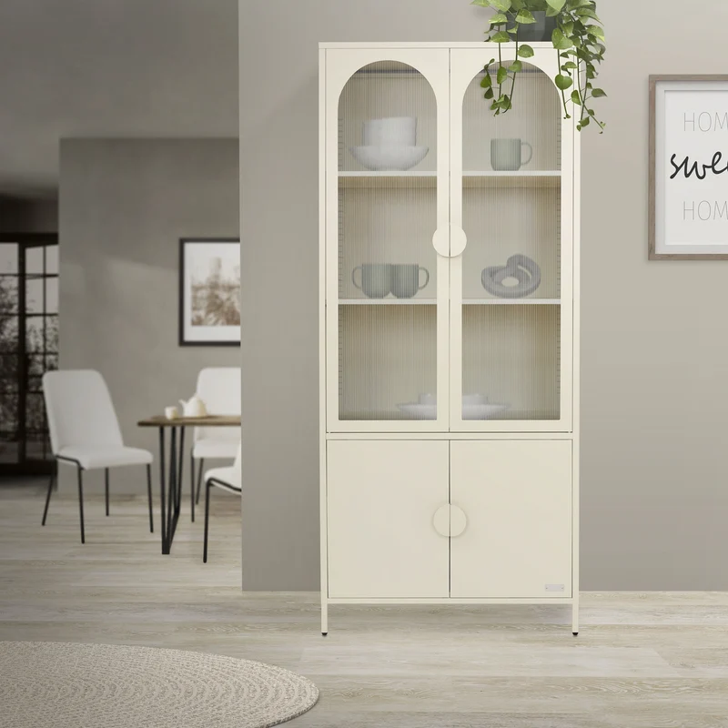 Vitrinenschrank 80x185x40 cm Creme mit 4 Ablage-/Regalfächer & 4 Türen Vitrine aus Stahl ML-Design