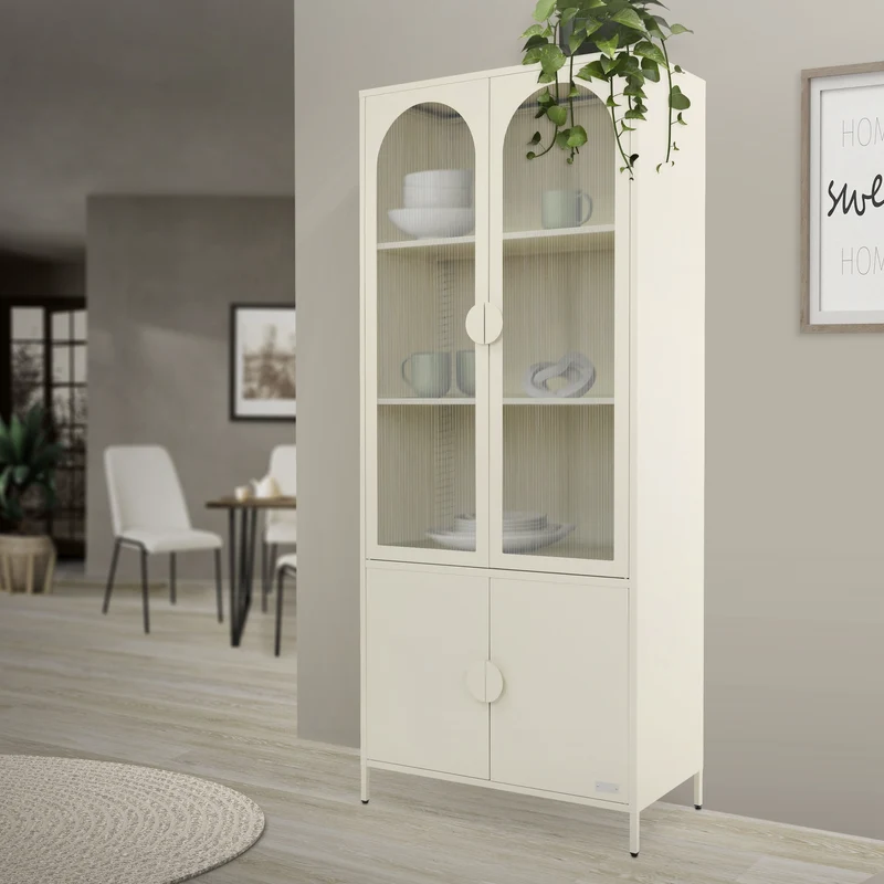 Vitrinenschrank 80x185x40 cm Creme mit 4 Ablage-/Regalfächer & 4 Türen Vitrine aus Stahl ML-Design