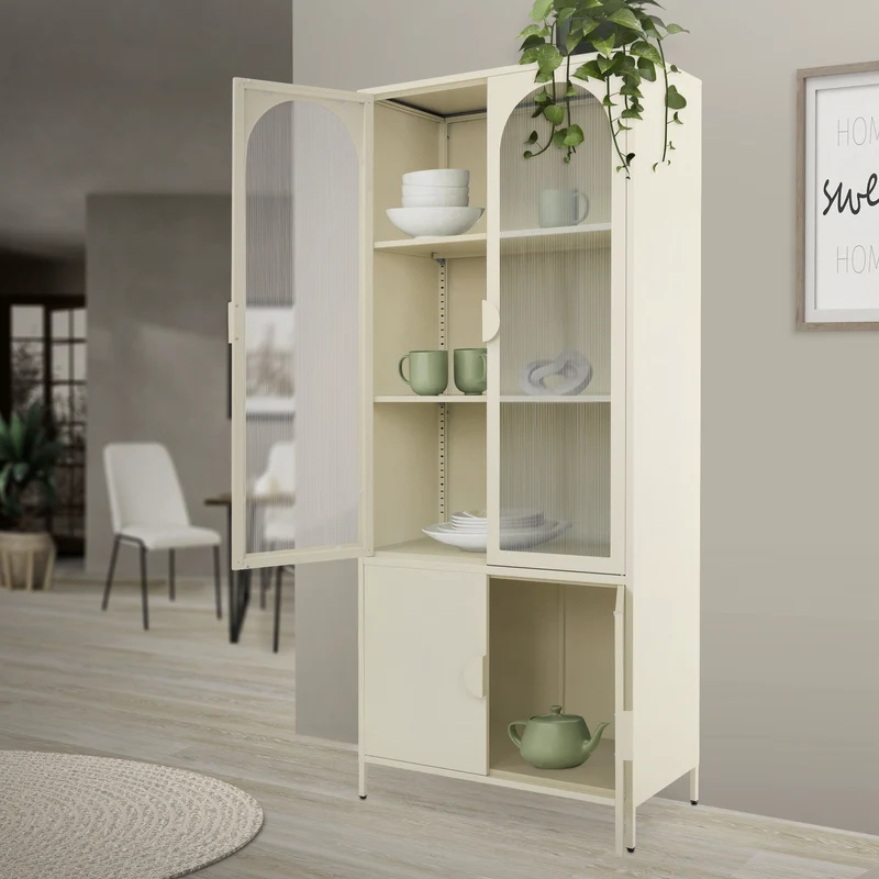Vitrinenschrank 80x185x40 cm Creme mit 4 Ablage-/Regalfächer & 4 Türen Vitrine aus Stahl ML-Design