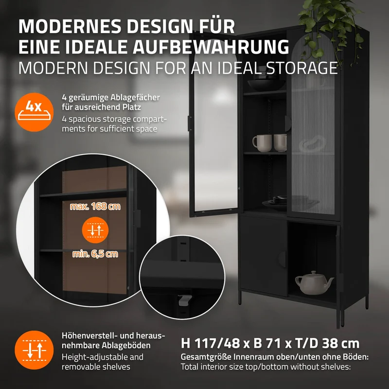Vitrinenschrank 80x185x40 cm Schwarz mit 4 Ablage-/Regalfächer & 4 Türen Vitrine aus Stahl ML-Design