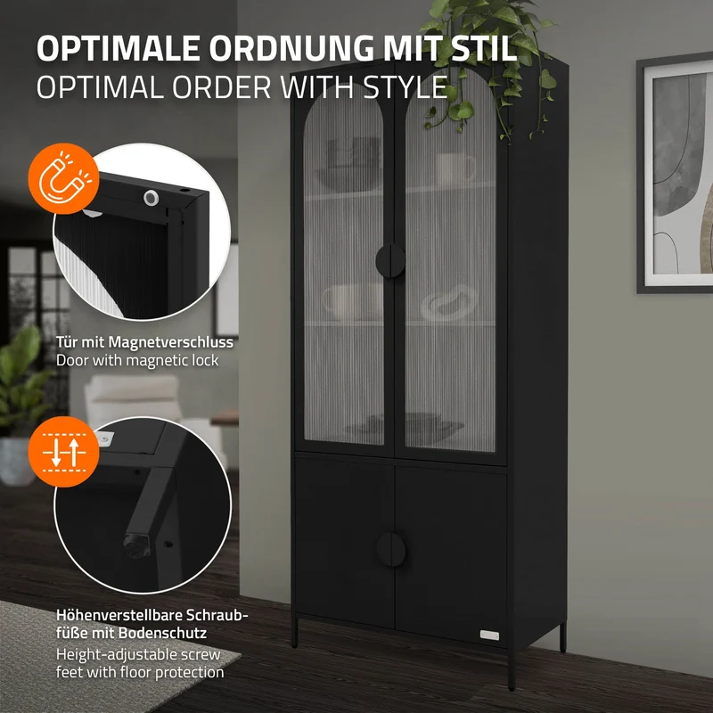 Vitrinenschrank 80x185x40 cm Schwarz mit 4 Ablage-/Regalfächer & 4 Türen Vitrine aus Stahl ML-Design
