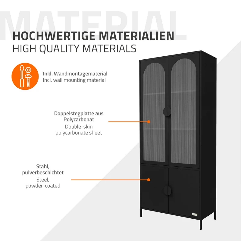 Vitrinenschrank 80x185x40 cm Schwarz mit 4 Ablage-/Regalfächer & 4 Türen Vitrine aus Stahl ML-Design