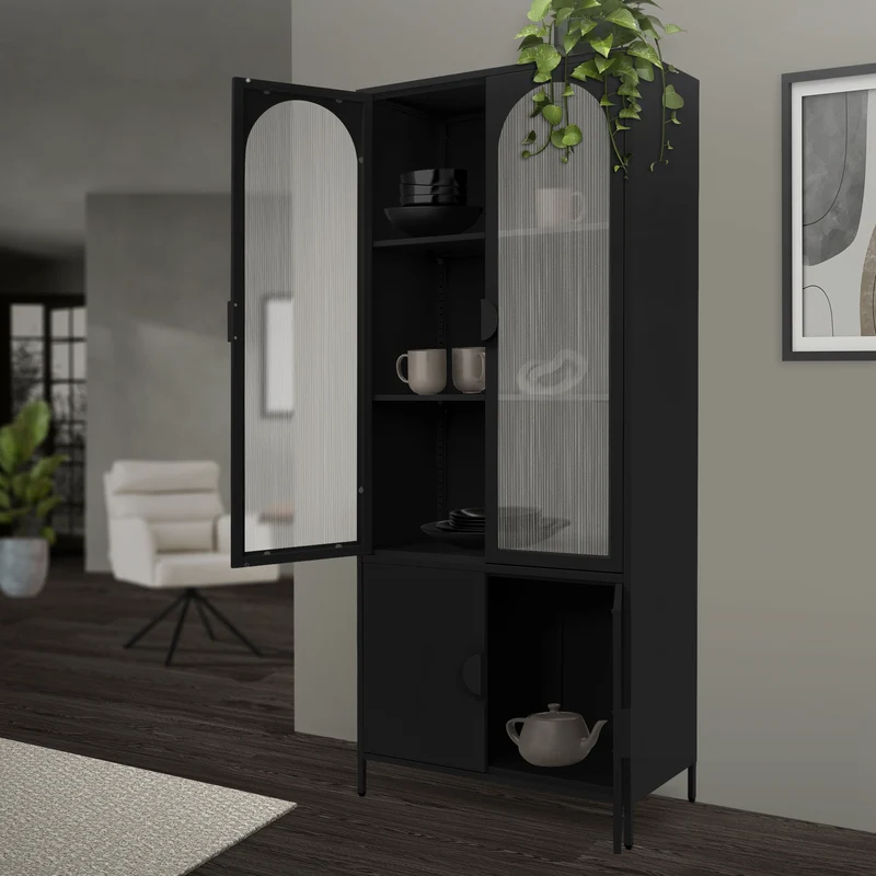 Vitrinenschrank 80x185x40 cm Schwarz mit 4 Ablage-/Regalfächer & 4 Türen Vitrine aus Stahl ML-Design