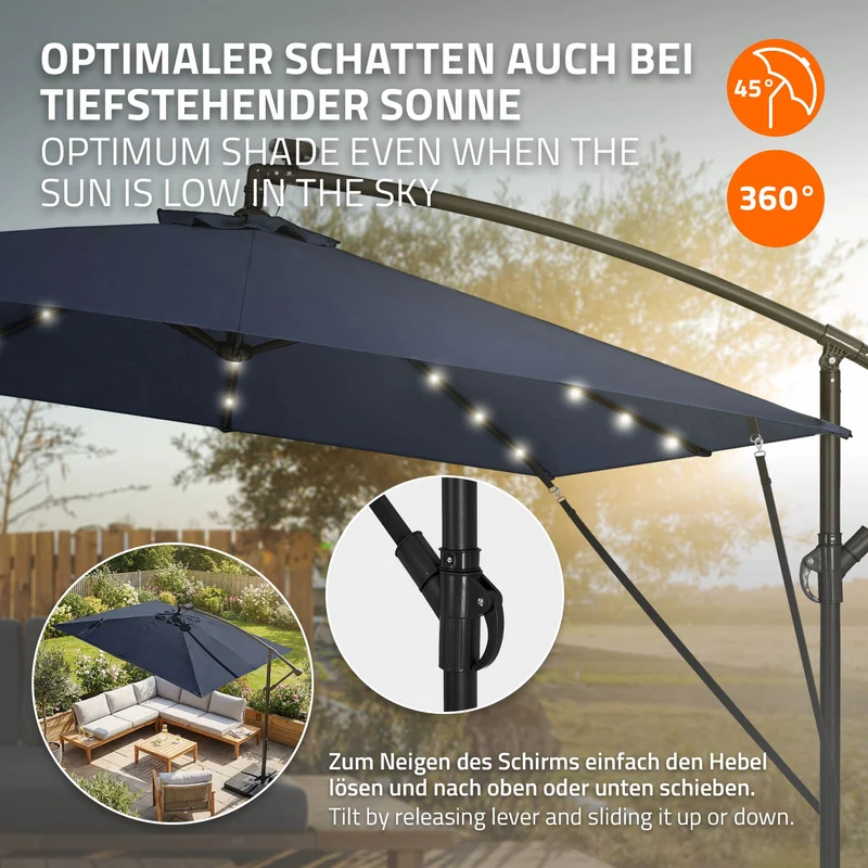 Ampelschirm Ø 330 cm mit LED Solar Navy-Blau 360° Alu Rechteckig Sonnenschirm mit Kurbel, Abdeckung & Ständer ML-Design