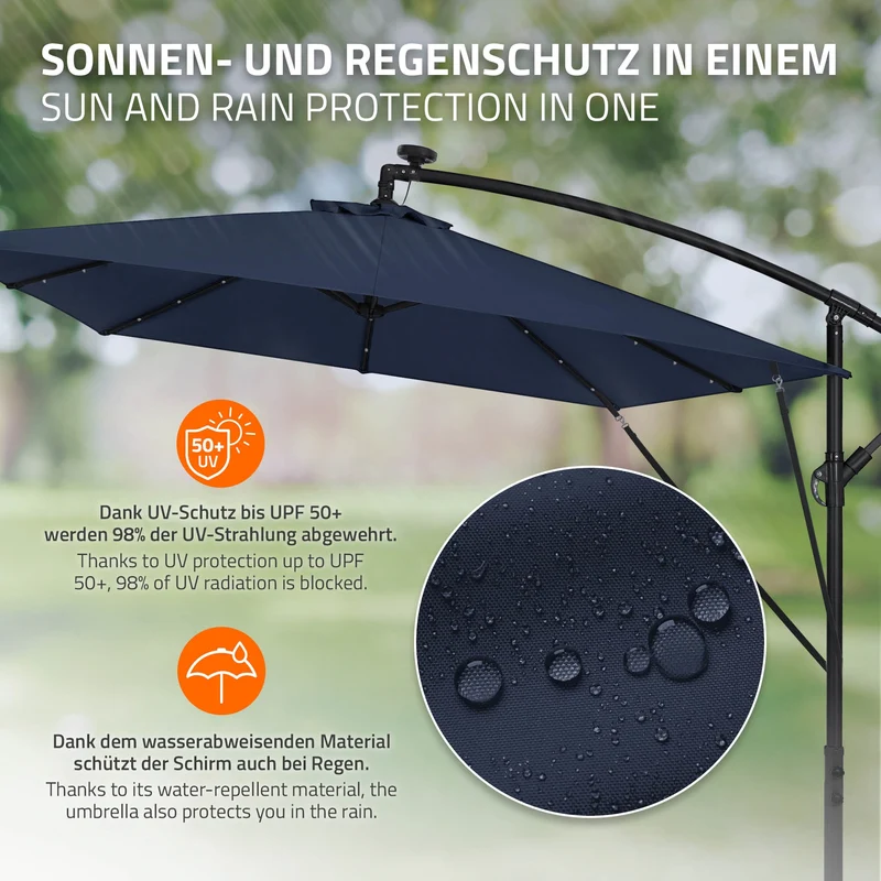 Ampelschirm Ø 330 cm mit LED Solar Navy-Blau 360° Alu Rechteckig Sonnenschirm mit Kurbel, Abdeckung & Ständer ML-Design