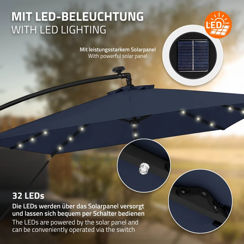 Ampelschirm Ø 330 cm mit LED Solar Navy-Blau 360° Alu Rechteckig Sonnenschirm mit Kurbel, Abdeckung & Ständer ML-Design
