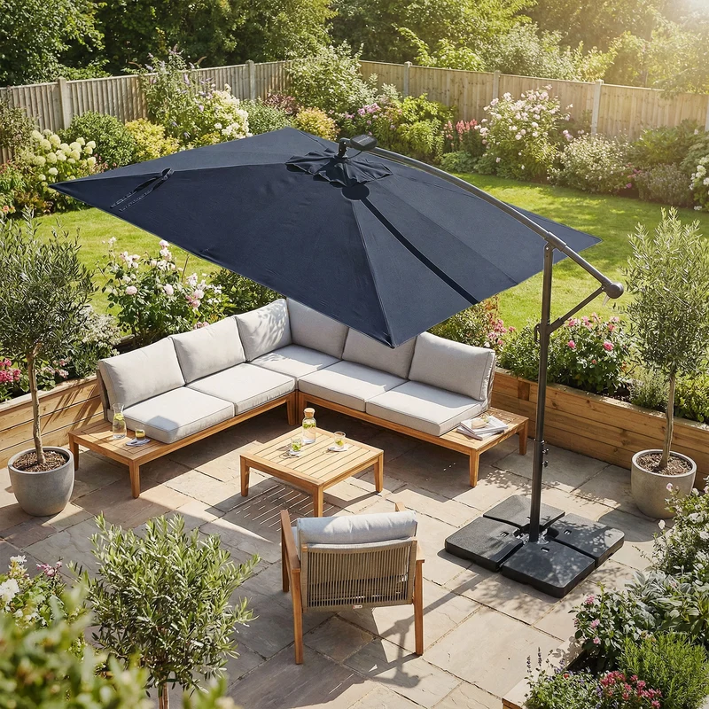Ampelschirm Ø 330 cm mit LED Solar Navy-Blau 360° Alu Rechteckig Sonnenschirm mit Kurbel, Abdeckung & Ständer ML-Design