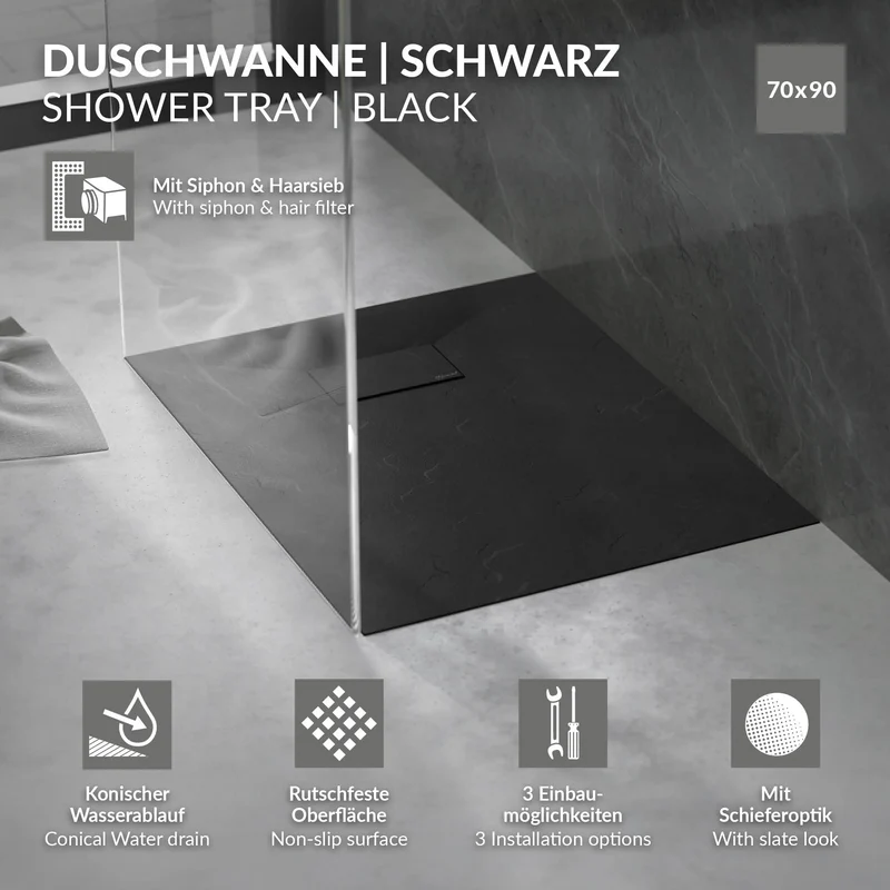 Duschwanne 90x70 cm, Schwarz, mit Anti-Rutsch-Oberfläche und Ablaufgarnitur, extra flach LuxeBath