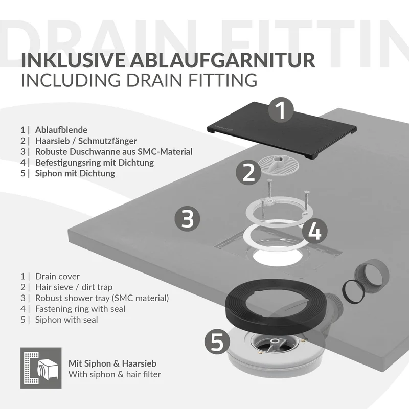 Duschwanne 90x70 cm, Schwarz, mit Anti-Rutsch-Oberfläche und Ablaufgarnitur, extra flach LuxeBath