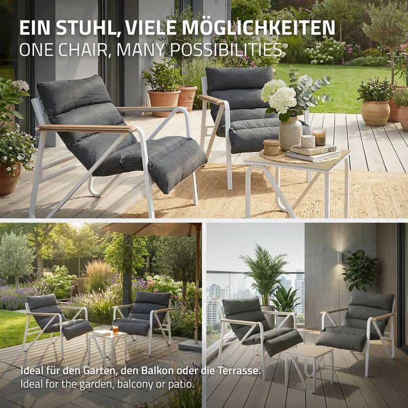 Gartenmöbel Set 3 tlg Weiß-Grau Sitzgruppe mit 2 Stühlen, Tisch & Sitzkissen Stahlgestell wetterfest ML-Design