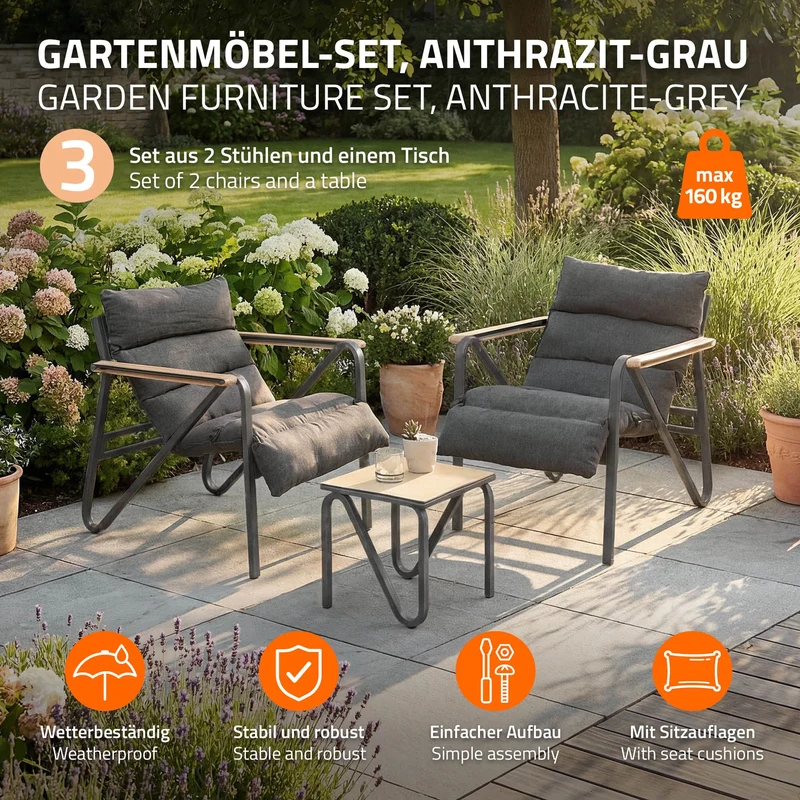 Gartenmöbel Set 3 tlg Anthrazit-Grau Sitzgruppe mit 2 Stühlen, Tisch & Sitzkissen Stahlgestell wetterfest ML-Design