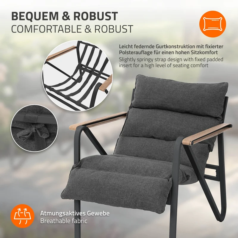 Gartenmöbel Set 3 tlg Anthrazit-Grau Sitzgruppe mit 2 Stühlen, Tisch & Sitzkissen Stahlgestell wetterfest ML-Design