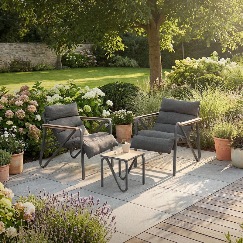 Gartenmöbel Set 3 tlg Anthrazit-Grau Sitzgruppe mit 2 Stühlen, Tisch & Sitzkissen Stahlgestell wetterfest ML-Design