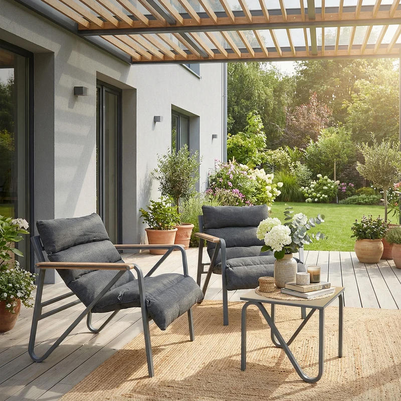Gartenmöbel Set 3 tlg Anthrazit-Grau Sitzgruppe mit 2 Stühlen, Tisch & Sitzkissen Stahlgestell wetterfest ML-Design