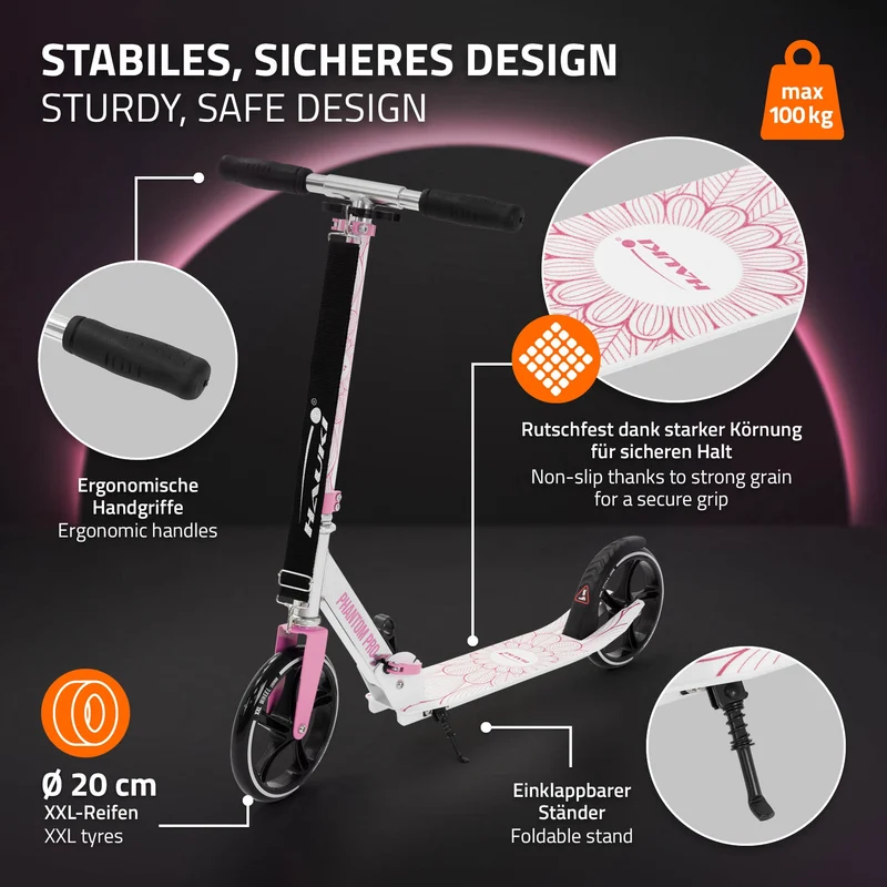 Cityroller Rosa klappbar und höhenverstellbar Scooter mit XXL-Räder Hauki– Tetroller & Kickscooter
