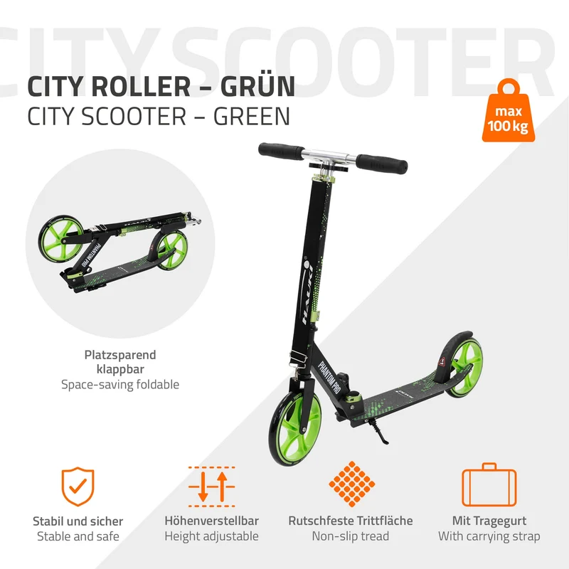 Cityroller Grün klappbar und höhenverstellbar Scooter mit XXL-Räder Hauki – Tetroller & Kickscooter
