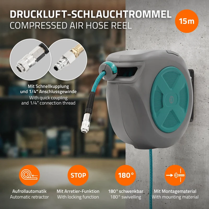 Druckluft Schlauchtrommel Automatik 15 m 1/4" Anschluss für Wandmontage