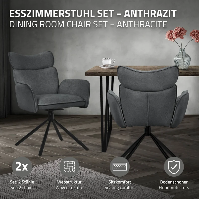Esszimmerstuhl 2er Set drehbar Anthrazit mit Rücken- und Armlehne bis 120 kg ML-Design