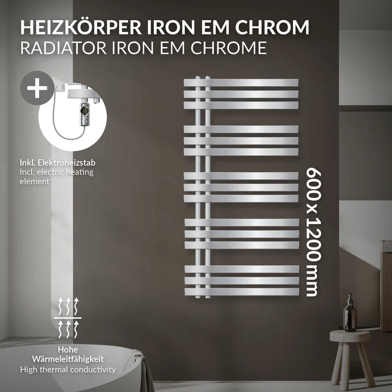 Badheizkörper Mittelanschluss 600x1200 mm Chrom mit Heizstab 1200W LuxeBath