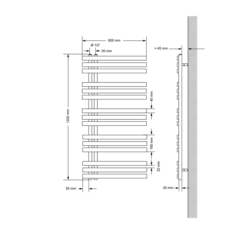Badheizkörper Mittelanschluss 600x1200 mm Chrom mit Heizstab 1200W LuxeBath