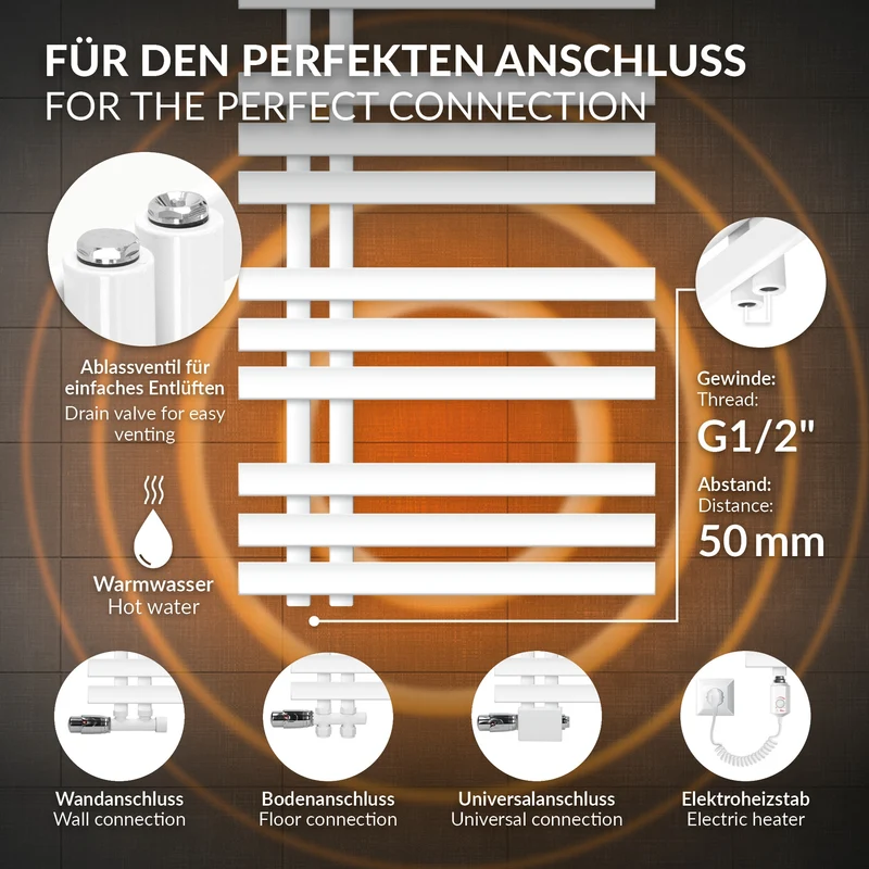 Badheizkörper Mittelanschluss 500x1400 mm Weiß mit Heizstab 900W LuxeBath