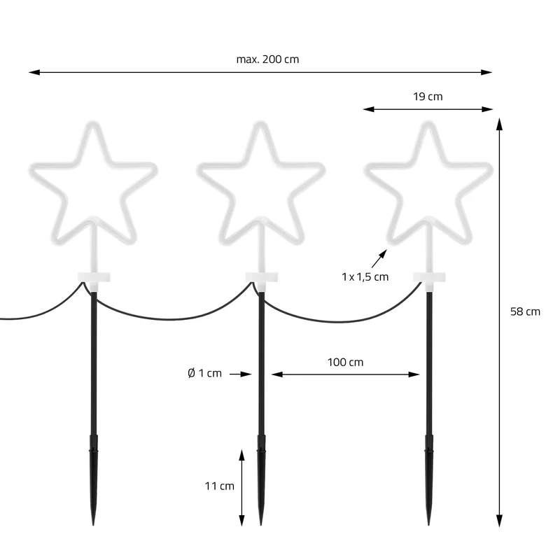 3er Set Gartenstecker Stern 58 cm für Innen & Außen Lichterkette für Weihnachten