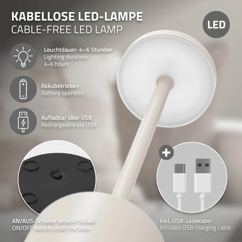 LED Tischlampe kabellos mit Touch, Creme Ø8x34,5cm Akku Tischleuchte USB-C ML-Design