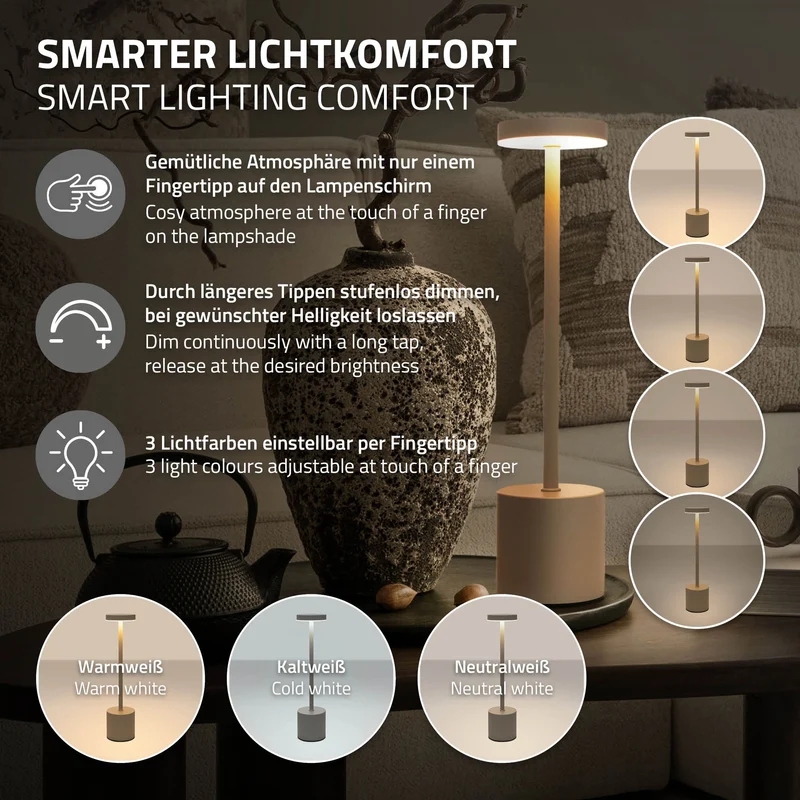 LED Tischlampe kabellos mit Touch, Creme Ø8x34,5cm Akku Tischleuchte USB-C ML-Design