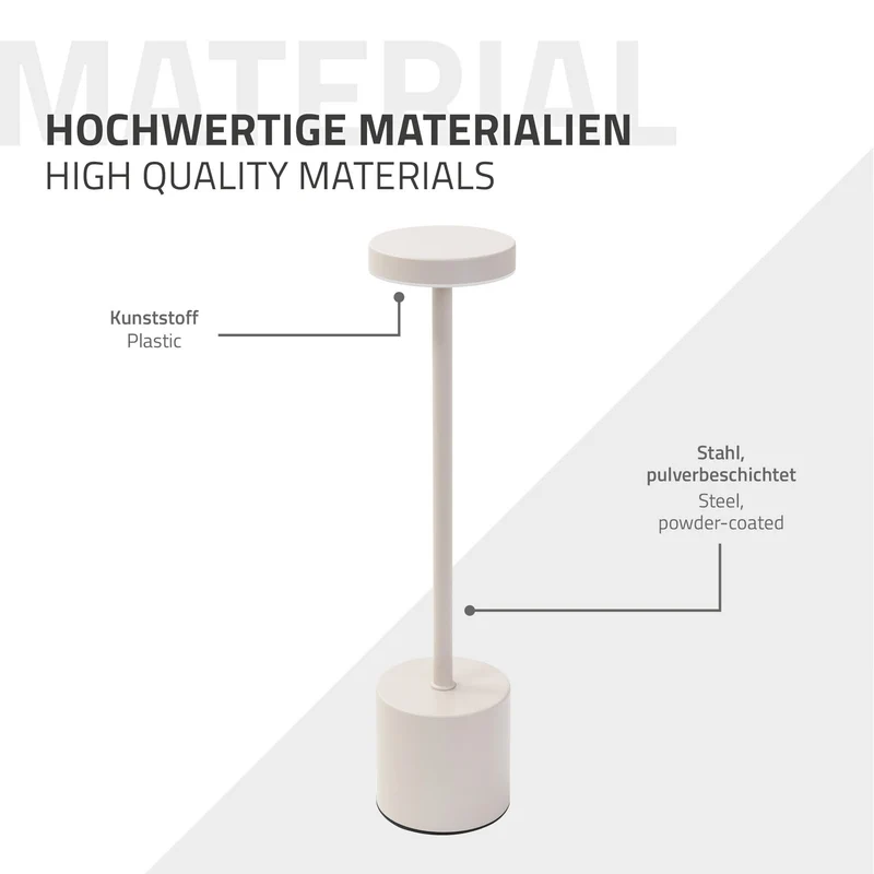 LED Tischlampe kabellos mit Touch, Creme Ø8x34,5cm Akku Tischleuchte USB-C ML-Design