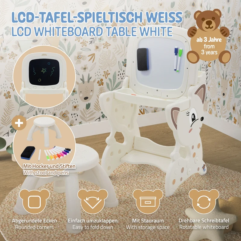 Kindersitzgruppe 3in1 Spieltisch mit 2 Tafeln Kinderhocker und Zubehör Weiß/Creme Joyz