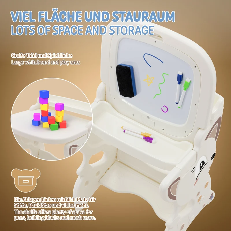 Kindersitzgruppe 3in1 Spieltisch mit 2 Tafeln Kinderhocker und Zubehör Weiß/Creme Joyz