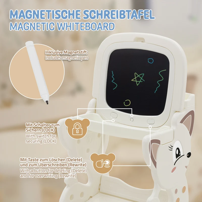 Kindersitzgruppe 3in1 Spieltisch mit 2 Tafeln Kinderhocker und Zubehör Weiß/Creme Joyz