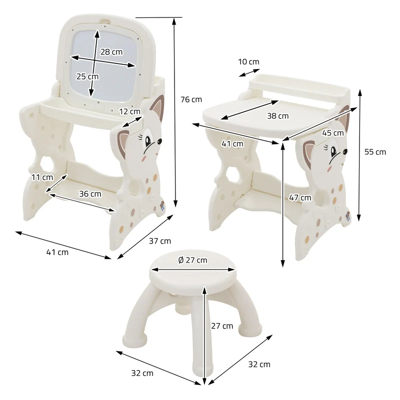 Kindersitzgruppe 3in1 Spieltisch mit 2 Tafeln Kinderhocker und Zubehör Weiß/Creme Joyz