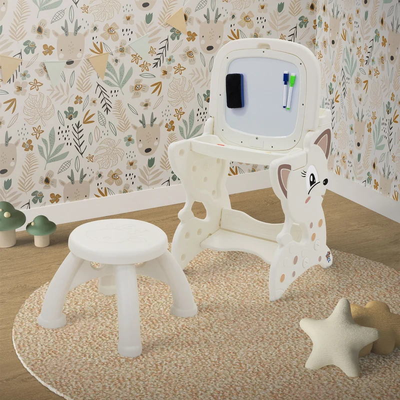 Kindersitzgruppe 3in1 Spieltisch mit 2 Tafeln Kinderhocker und Zubehör Weiß/Creme Joyz