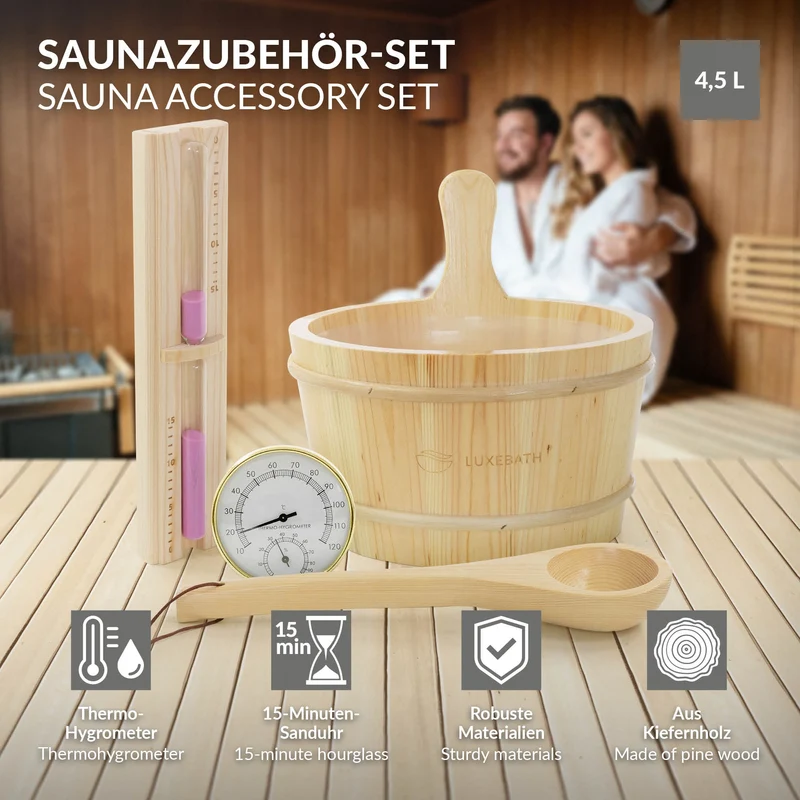 4-teilig Saunazubehör-Set aus massivem Kiefernholz, 4,5L Aufgusskübel & Kelle, Thermometer-Hygrometer & 15min. Sanduhr LuxeBath