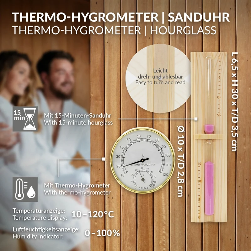 4-teilig Saunazubehör-Set aus massivem Kiefernholz, 4,5L Aufgusskübel & Kelle, Thermometer-Hygrometer & 15min. Sanduhr LuxeBath
