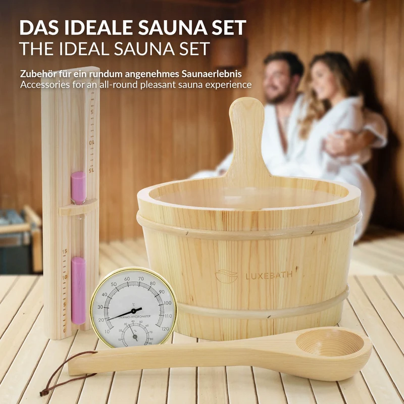 4-teilig Saunazubehör-Set aus massivem Kiefernholz, 4,5L Aufgusskübel & Kelle, Thermometer-Hygrometer & 15min. Sanduhr LuxeBath