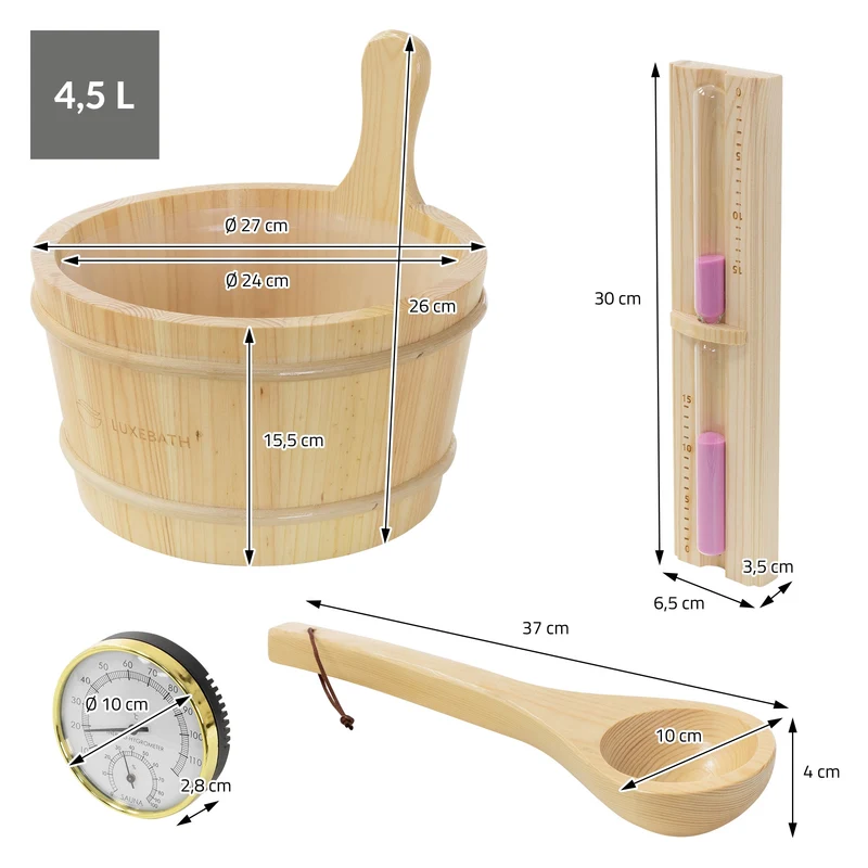 4-teilig Saunazubehör-Set aus massivem Kiefernholz, 4,5L Aufgusskübel & Kelle, Thermometer-Hygrometer & 15min. Sanduhr LuxeBath