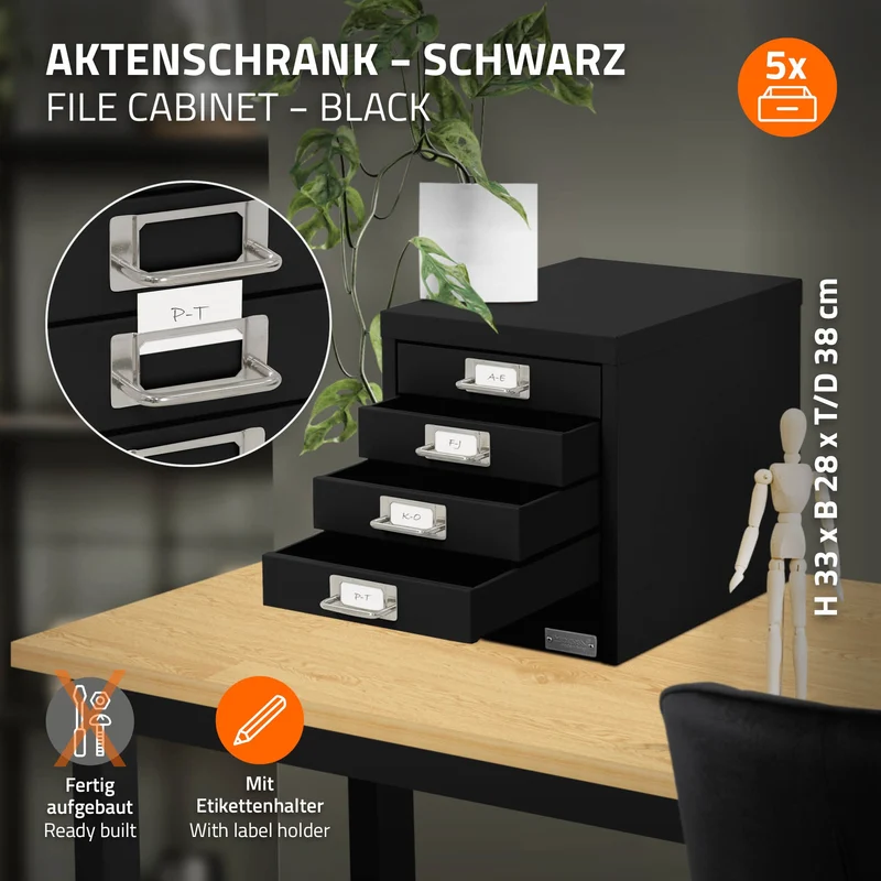 B-Ware Aktenschrank mit 5 Schubladen 28x38x33 cm Schwarz aus Metall ML-Design