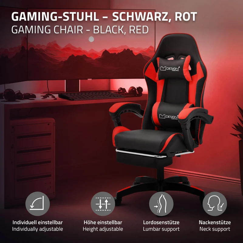 Gaming Stuhl mit Fußstütze und Armlehne Schwarz-Rot, aus Kunstleder ML-Design