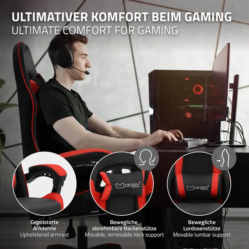 Gaming Stuhl mit Fußstütze und Armlehne Schwarz-Rot, aus Kunstleder ML-Design