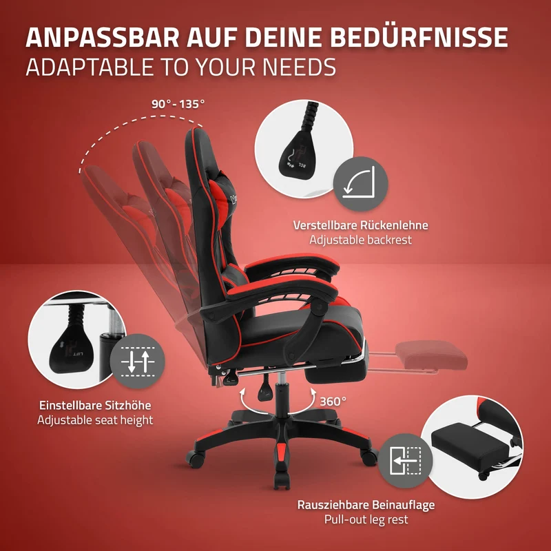 Gaming Stuhl mit Fußstütze und Armlehne Schwarz-Rot, aus Kunstleder ML-Design