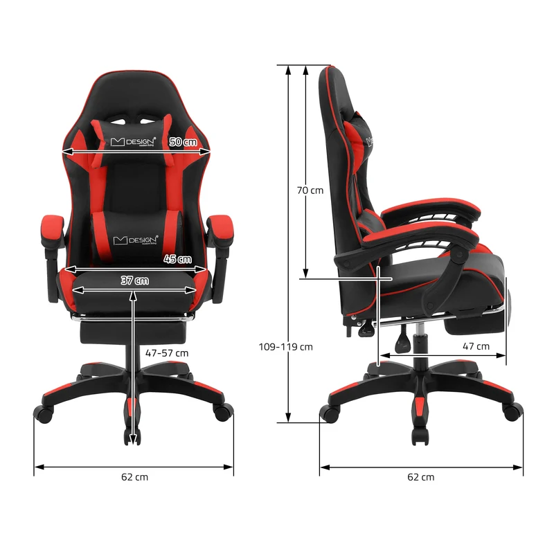 Gaming Stuhl mit Fußstütze und Armlehne Schwarz-Rot, aus Kunstleder ML-Design