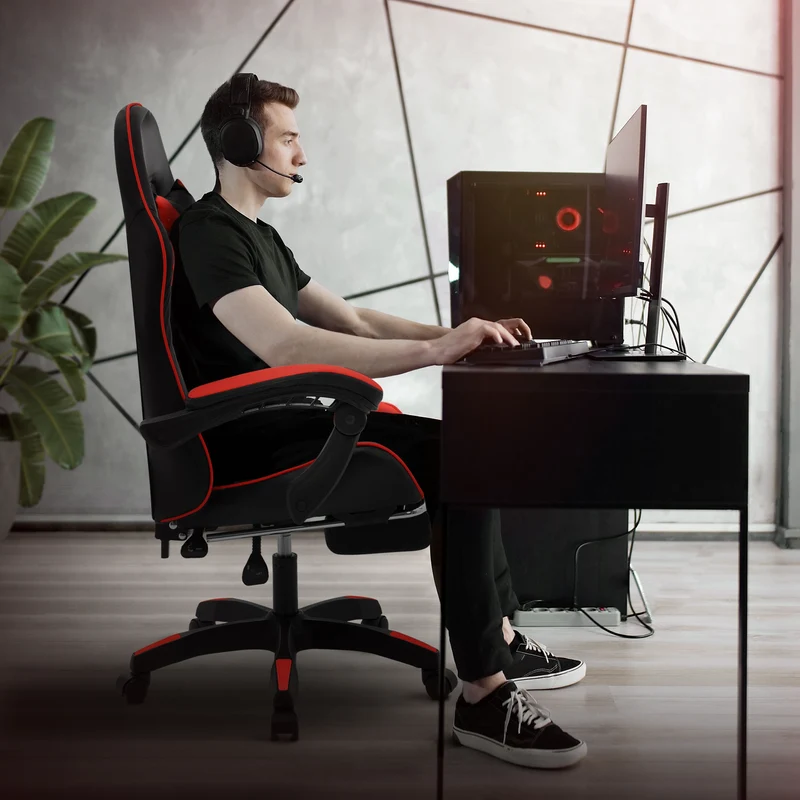 Gaming Stuhl mit Fußstütze und Armlehne Schwarz-Rot, aus Kunstleder ML-Design