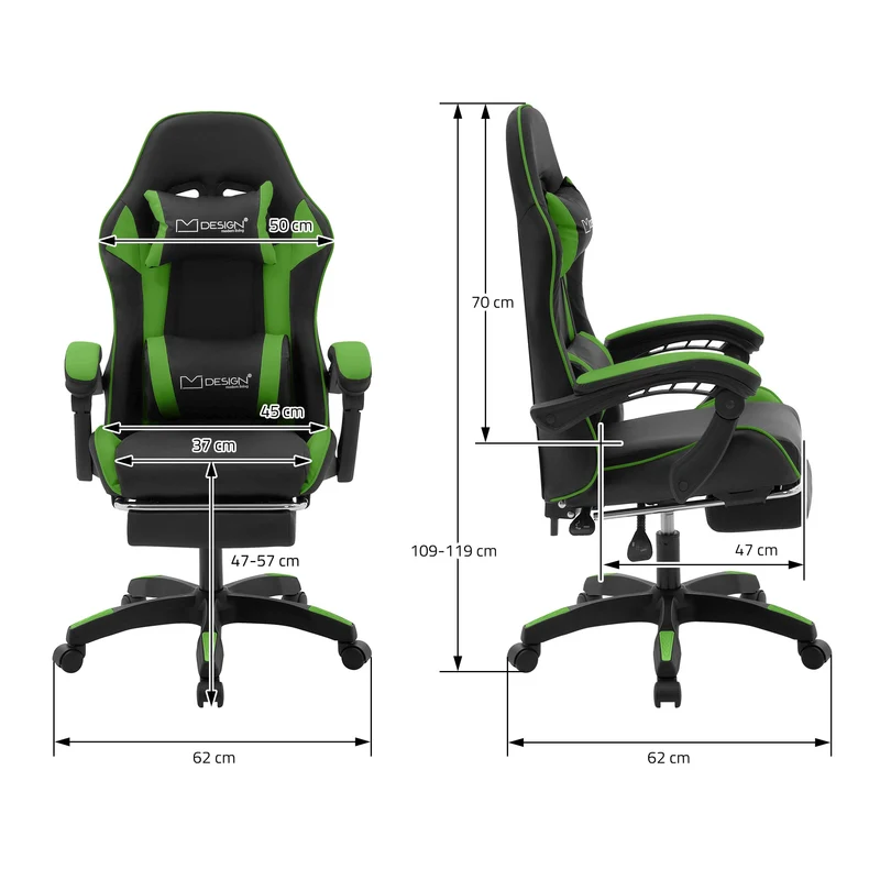 Gaming Stuhl mit Fußstütze und Armlehne Schwarz-Grün, aus Kunstleder ML-Design