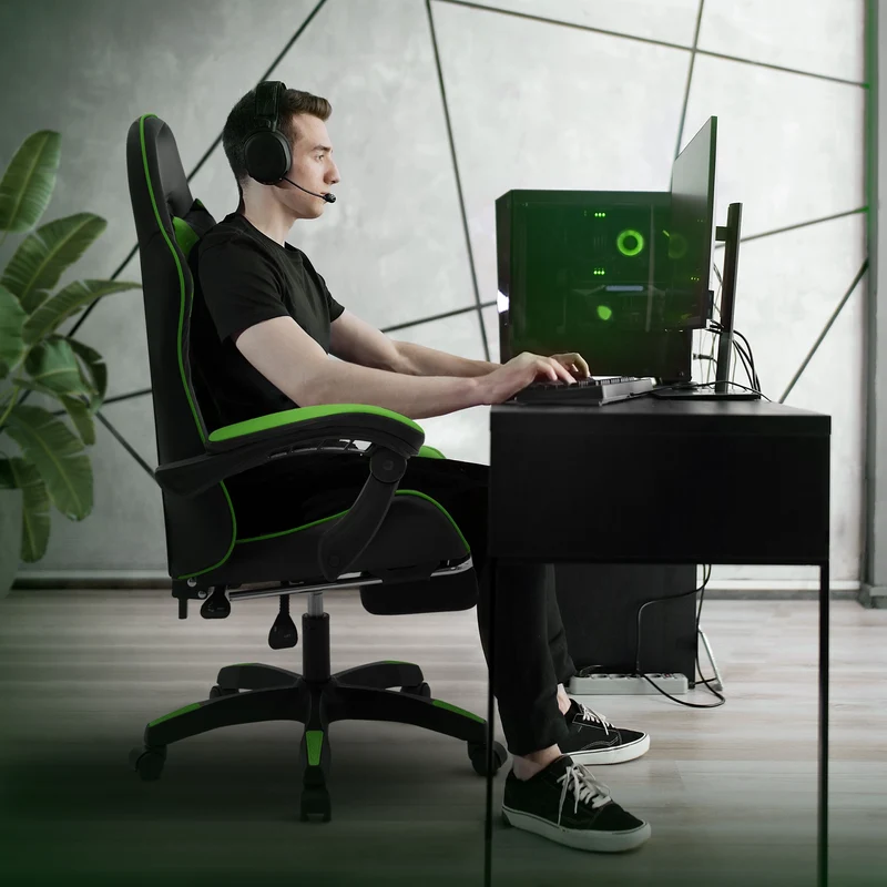 Gaming Stuhl mit Fußstütze und Armlehne Schwarz-Grün, aus Kunstleder ML-Design