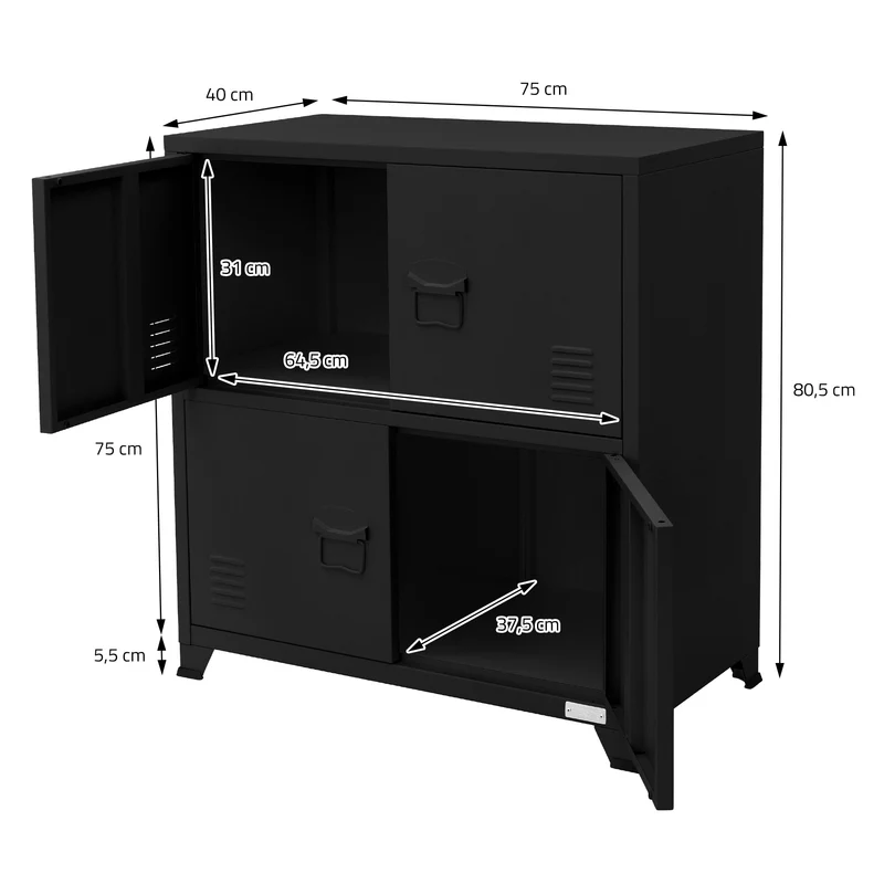 B-Ware Büroschrank mit zwei Ebenen Magnetverschluss 75x40x80,5 cm Schwarz aus Stahl ML-Design