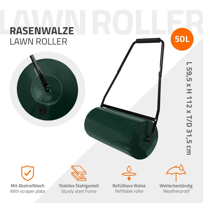 Rasenwalze befüllbar mit Wasser oder Sand 50 Liter Füllvolumen Grün Gartenwalze 60 cm aus Stahl