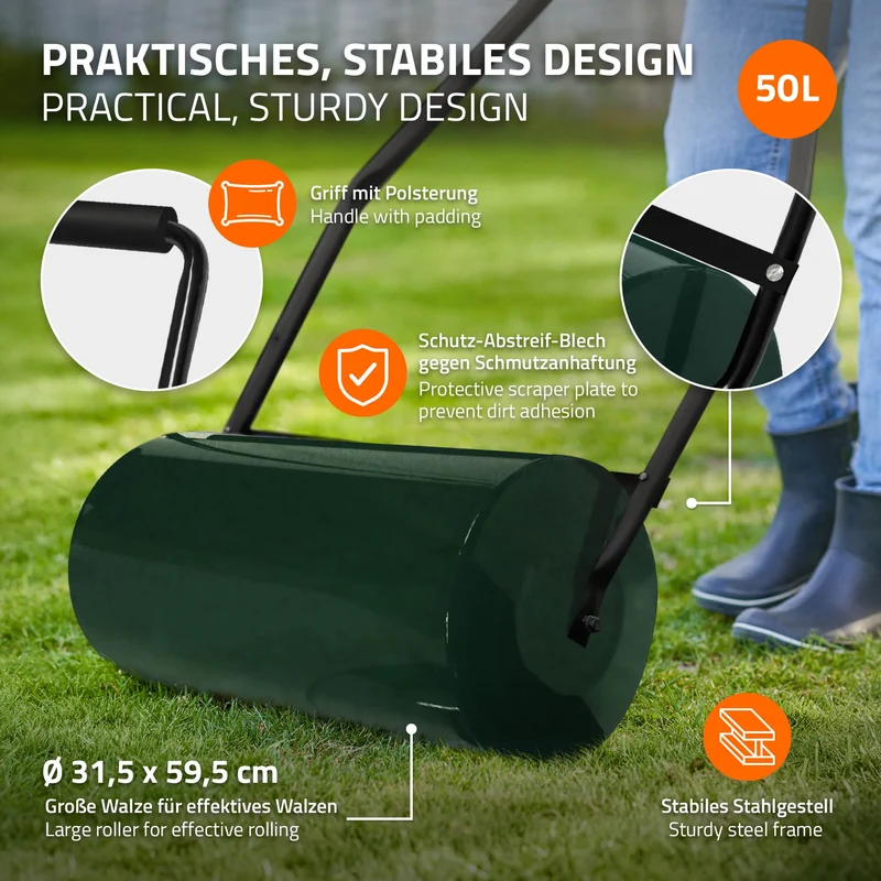 Rasenwalze befüllbar mit Wasser oder Sand 50 Liter Füllvolumen Grün Gartenwalze 60 cm aus Stahl